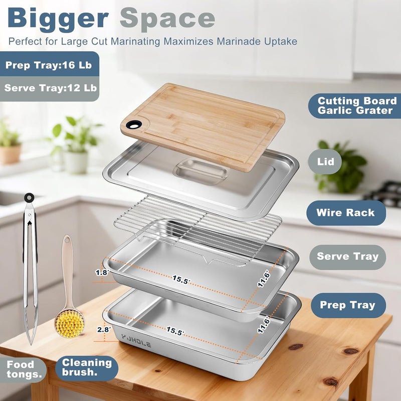 YJHOLE Grilling Prep and Serve Trays,Stainless Steel Large Capacity Food Prep Trays with Lid, Cutting Board Cooling Rack Food Tongs and Cleaning Brush,BBQ Accessories Gift - Image 2